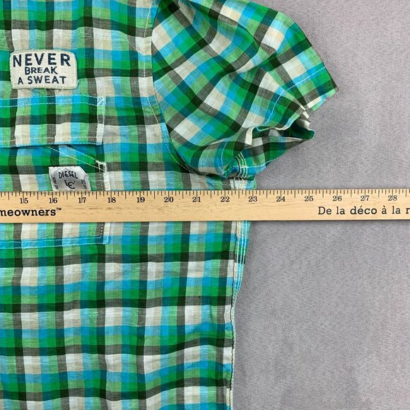 Diesel Mens Shirt XL Green Blue Plaid Button Up Linen Cotton Patches Embroidered - Picture 6 of 11